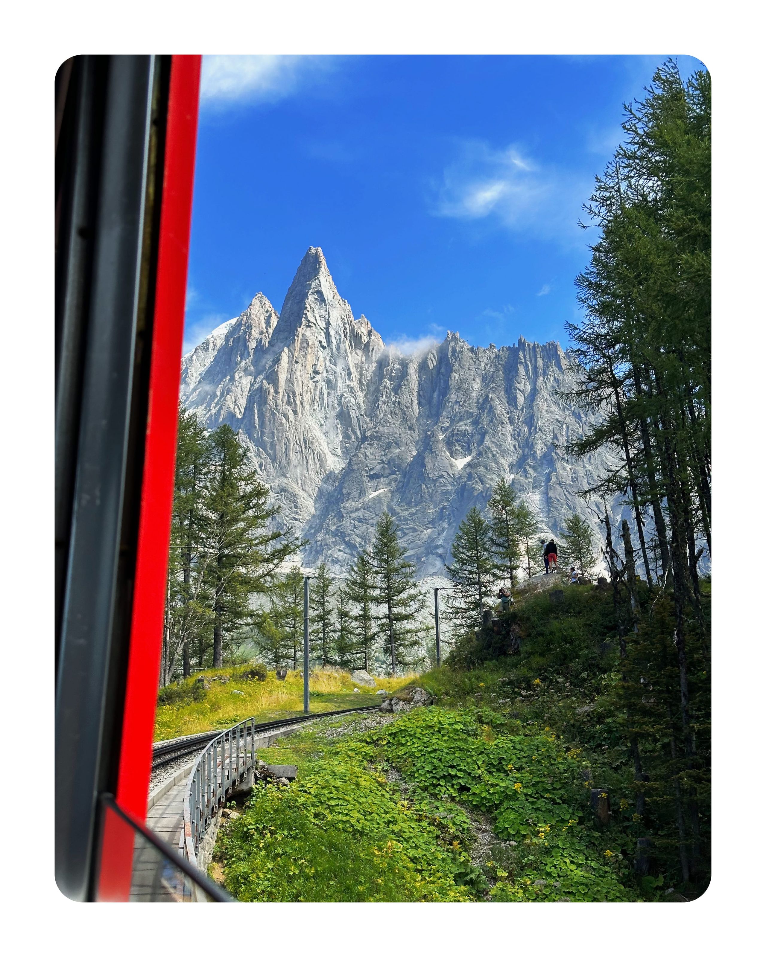 Cogwheel mountain train with a view of the French Alps