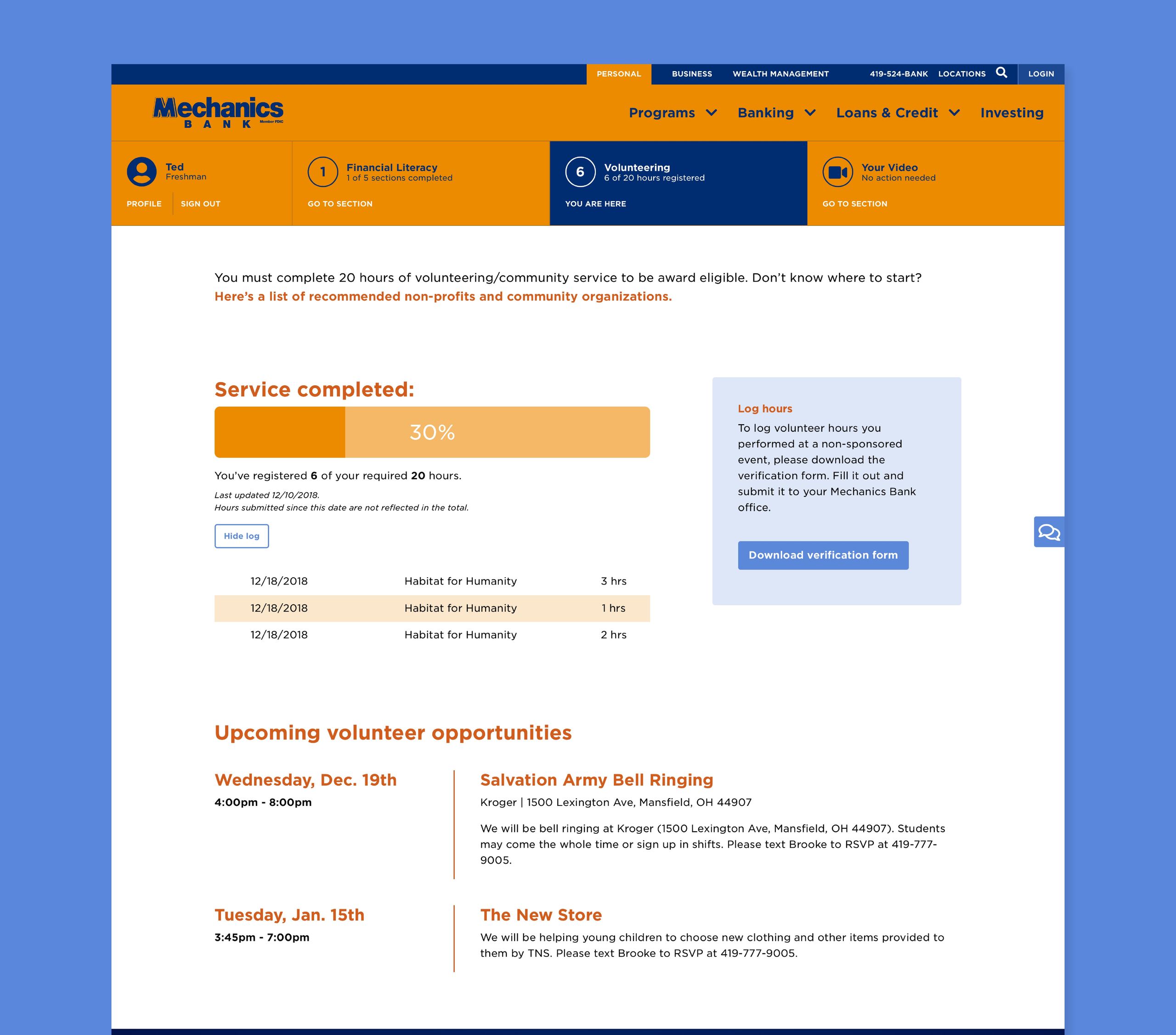 Interactive bank program features for Be the Change